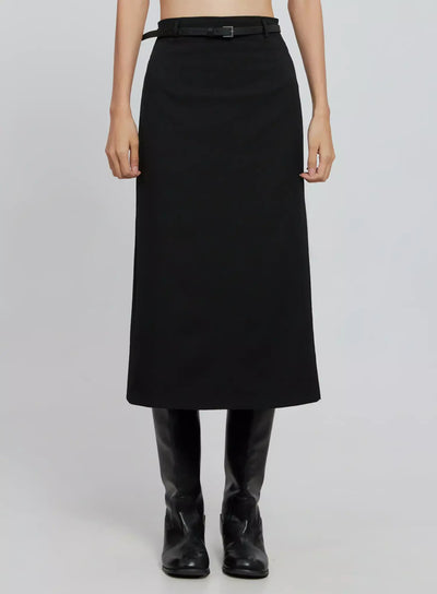 elegant-midi-belted-skirt-io530 / Black