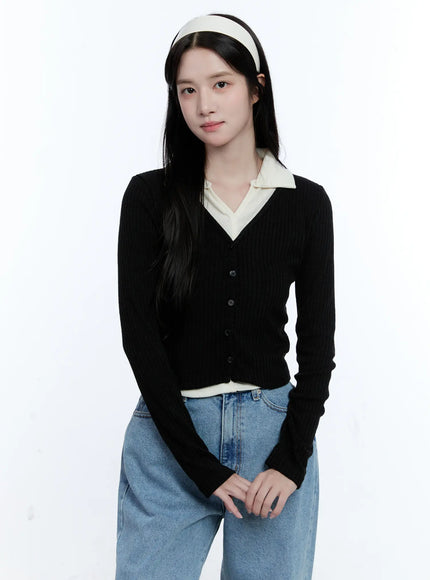 two-tone-collared-knit-cardigan-cg514 / Black