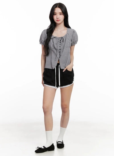 striped-puff-sleeve-ribbon-top-cl516 / Dark gray