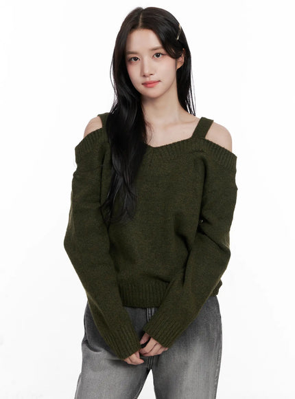 v-neck-off-shoulder-knit-sweater-co524 / Dark green