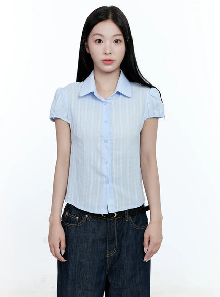 striped-puff-sleeve-blouse-cg513 / Light blue