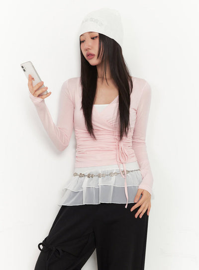 wrap-shirred-long-sleeve-crop-top-ia524 / Pink