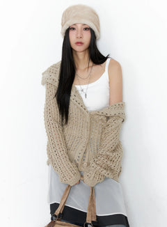 shell-oversized-button-knit-cardigan-cc1109 / Beige