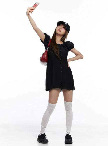 shirred-puff-sleeve-mini-dress-cl510 / Black