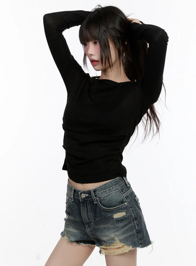 boat-neck-sheer-long-sleeve-top-cl507 / Black