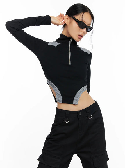 ribbed-contrast-half-zip-top-co528 / Black