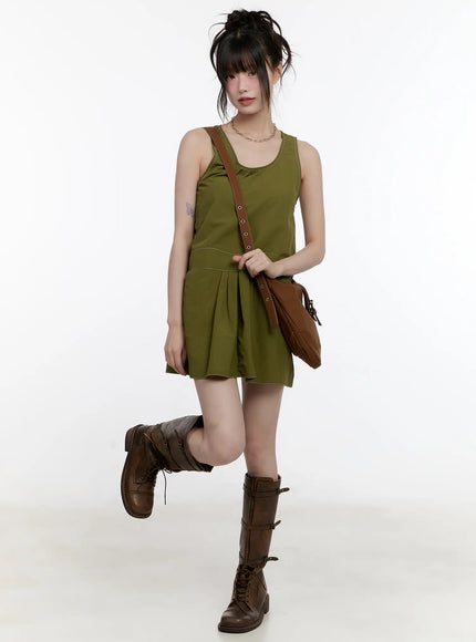olive-green-pintuck-mini-dress-cl507 / Dark green