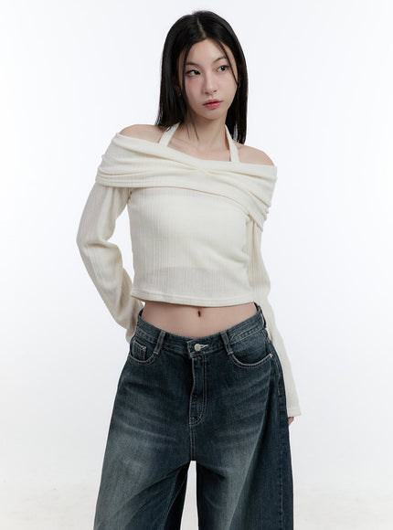 long-sleeve-off-shoulder-halter-crop-top-cj520 / Light beige