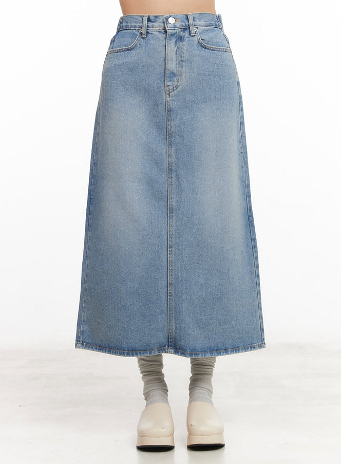 back-slit-stitched-denim-maxi-skirt-cm511 / Light blue