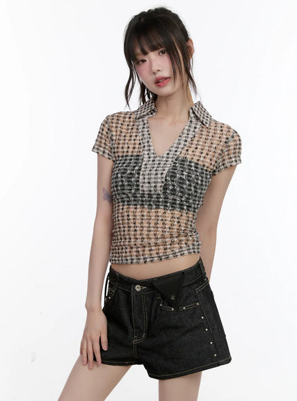 sheer-checked-collar-tee-cl504 / Light pink