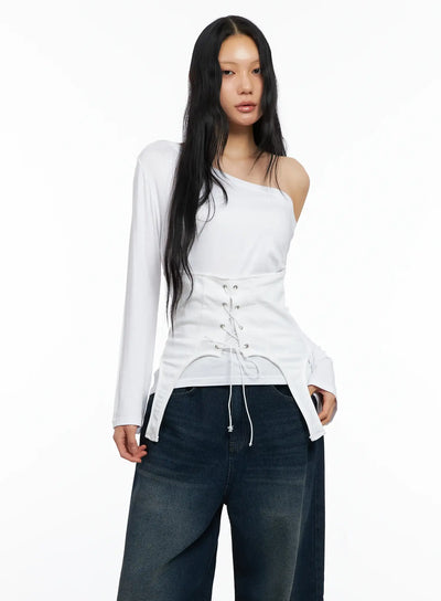 asymmetrical-corset-long-sleeve-tee-co528 / White