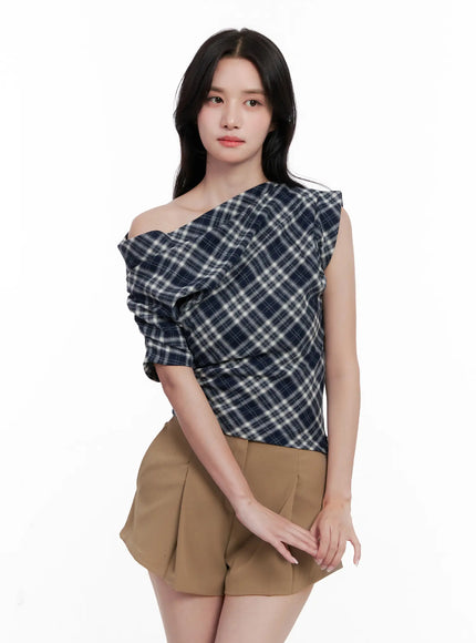 plaid-asymmetric-ruched-off-shoulder-top-cl516