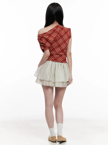 plaid-asymmetric-ruched-off-shoulder-top-cl516