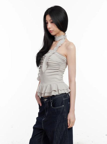 shirred-ruffle-tube-top-and-scarf-set-cl501