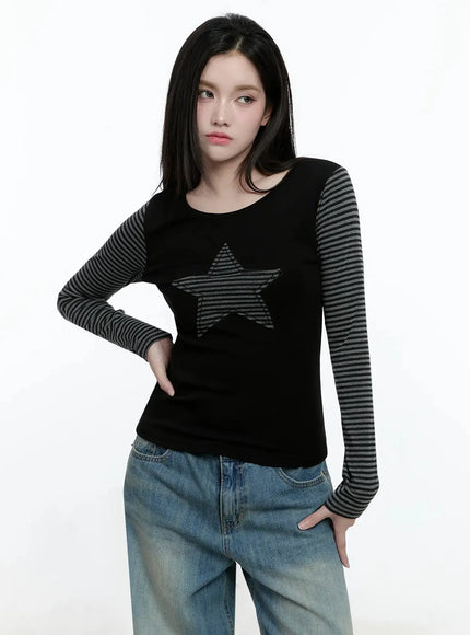 Striped Embroidery Long Sleeve Tee IO520