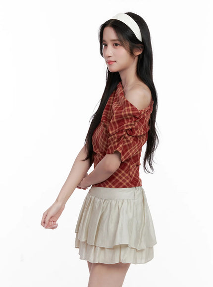 plaid-asymmetric-ruched-off-shoulder-top-cl516