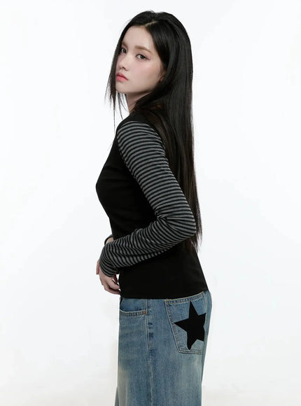 Striped Embroidery Long Sleeve Tee IO520