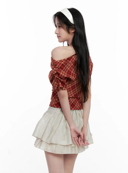 plaid-asymmetric-ruched-off-shoulder-top-cl516