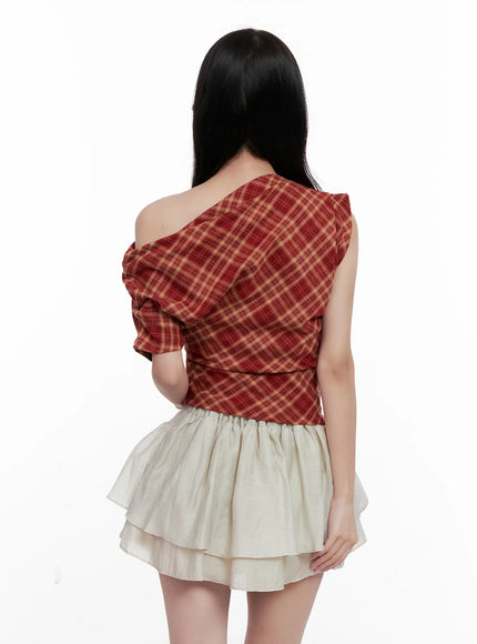 plaid-asymmetric-ruched-off-shoulder-top-cl516