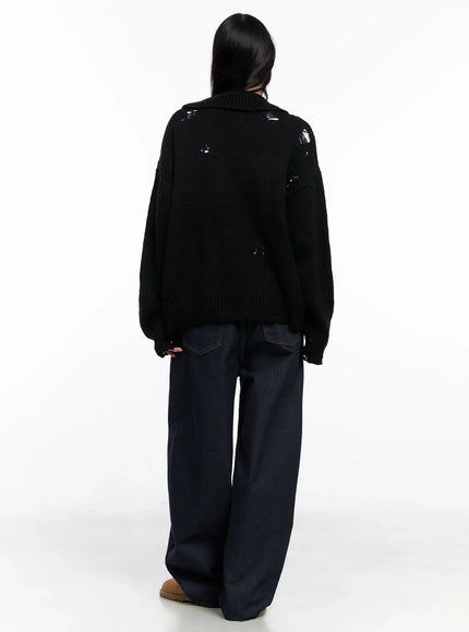 Oversized Distressed Knit Zip-Up CO528