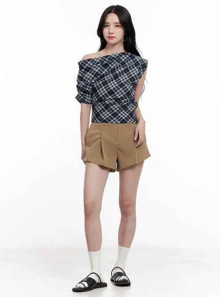 plaid-asymmetric-ruched-off-shoulder-top-cl516