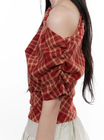 plaid-asymmetric-ruched-off-shoulder-top-cl516
