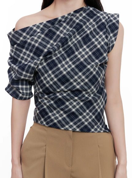 plaid-asymmetric-ruched-off-shoulder-top-cl516