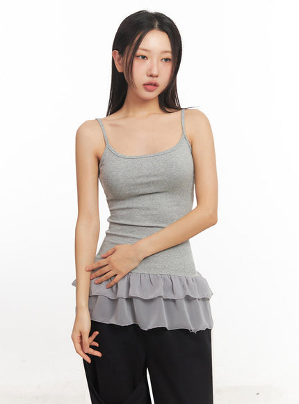 frill-trim-long-cami-top-ia524 / Gray