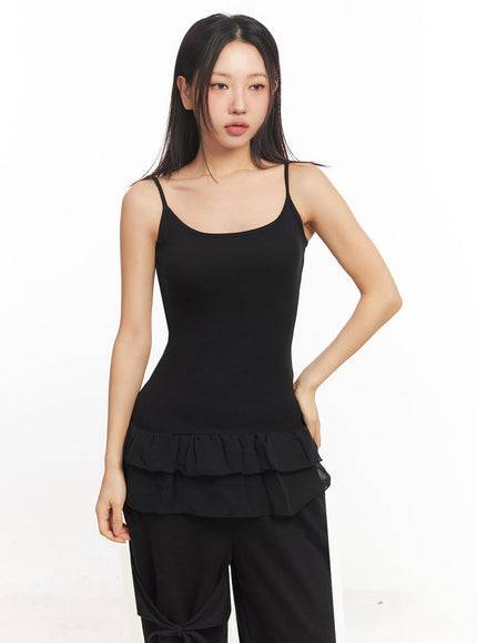 frill-trim-long-cami-top-ia524 / Black