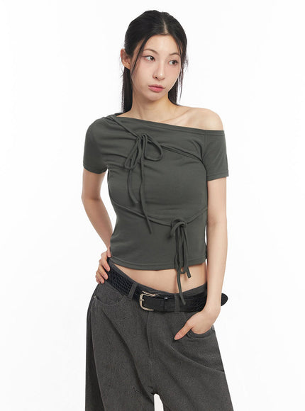 ribbon-tie-one-shoulder-crop-top-iy529 / Dark green