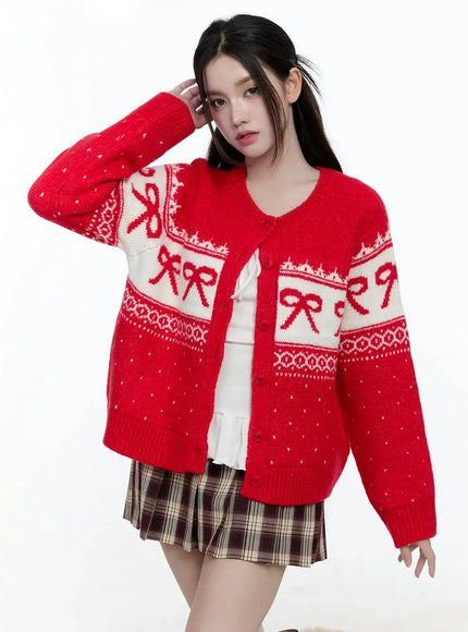 ribbon-pattern-knit-cardigan-io527 / Red