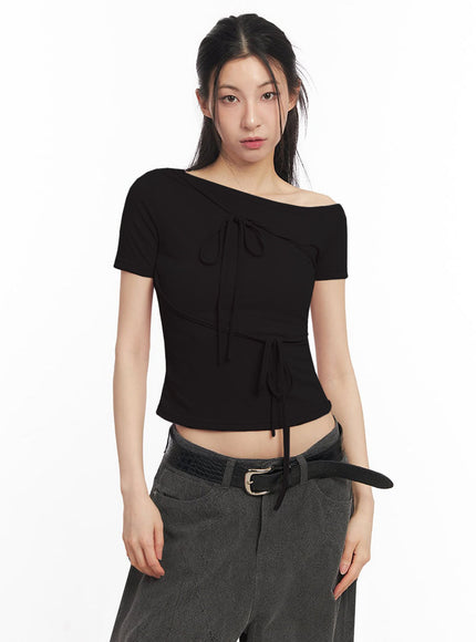 ribbon-tie-one-shoulder-crop-top-iy529 / Black