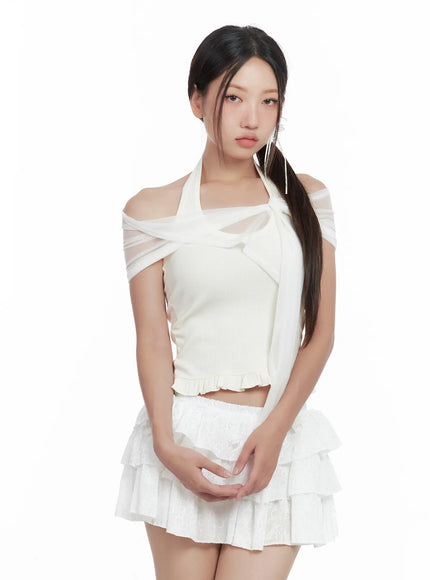 sheer-layered-halter-tank-cl509 / Light beige