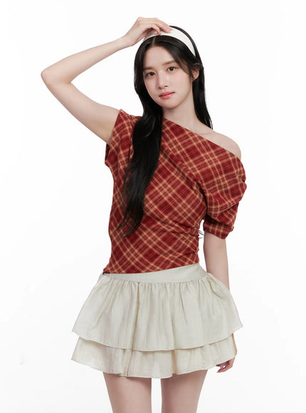 plaid-asymmetric-ruched-off-shoulder-top-cl516