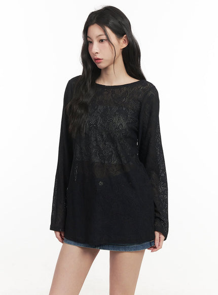 butterfly-lace-sheer-long-sleeve-top-cf513 / Black