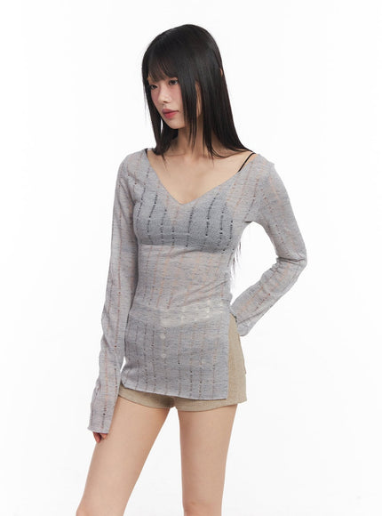 v-neck-slit-sheer-top-cy514 / Gray