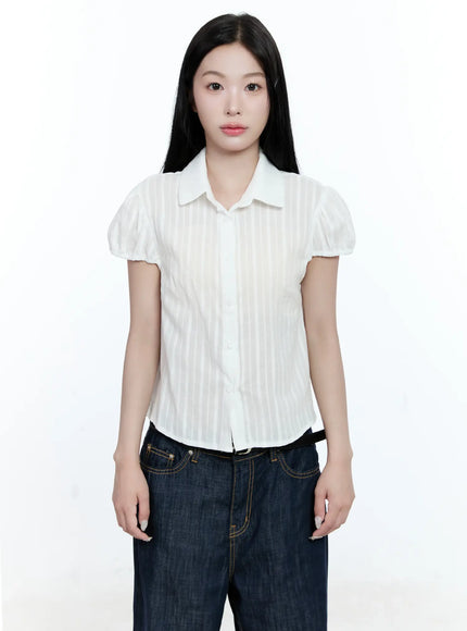 striped-puff-sleeve-blouse-cg513 / White