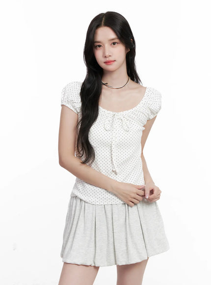 polka-dot-puff-sleeve-ribbon-top-cl516 / White