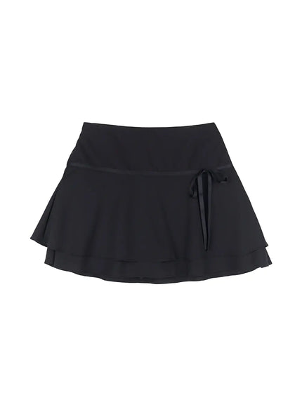 layered-flare-ribbon-mini-skirt-cl507 / Black