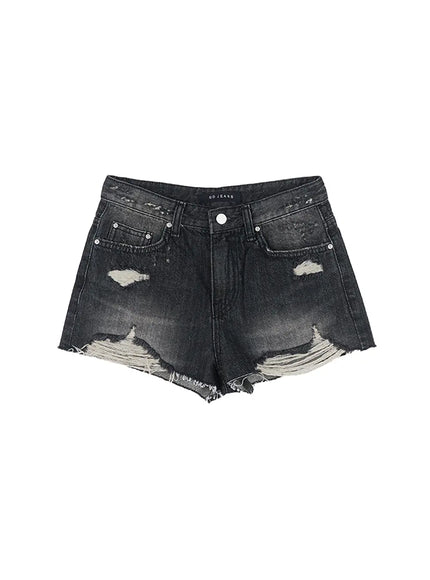 distressed-vintage-wash-denim-shorts-cl507 / Black