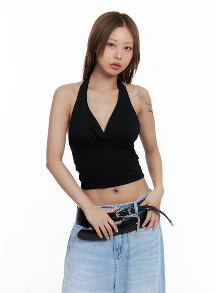 trendy-v-neck-halter-top-cl510 / Black