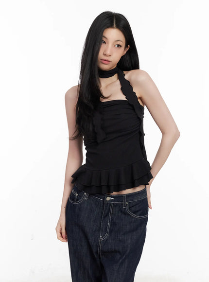 shirred-ruffle-tube-top-and-scarf-set-cl501 / Black