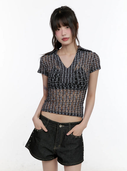 sheer-checked-collar-tee-cl504 / Blue