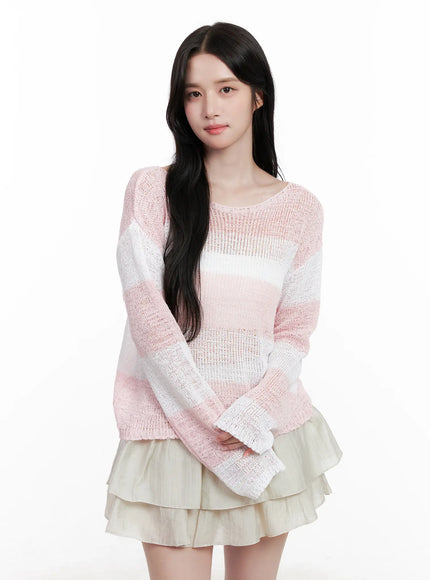 relaxed-fit-striped-knit-sweater-cl515 / Light pink