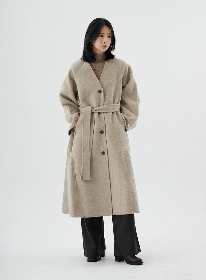 V-Neck Waist Tie Long Coat ON02