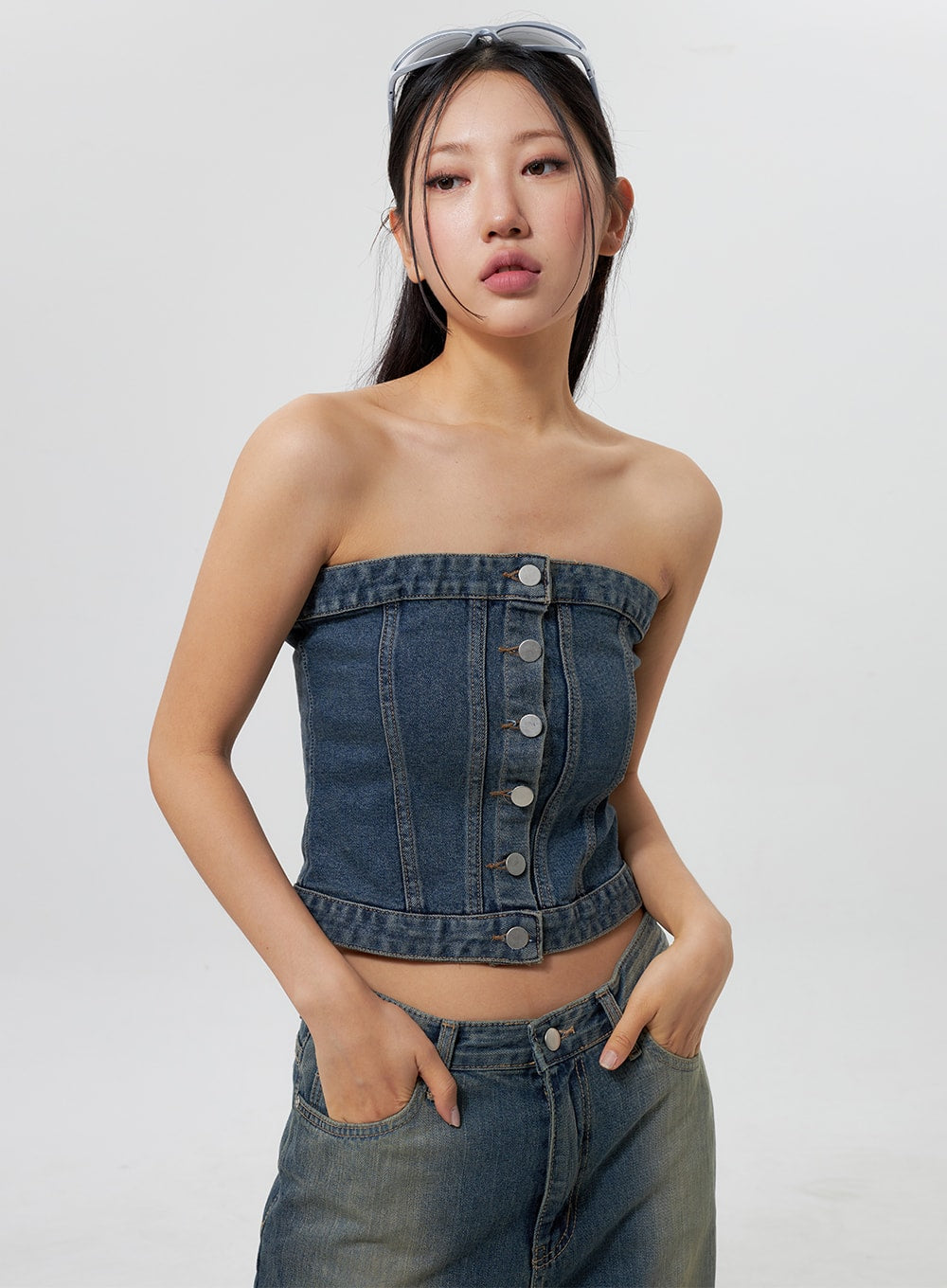 denim-button-tube-top-cy323