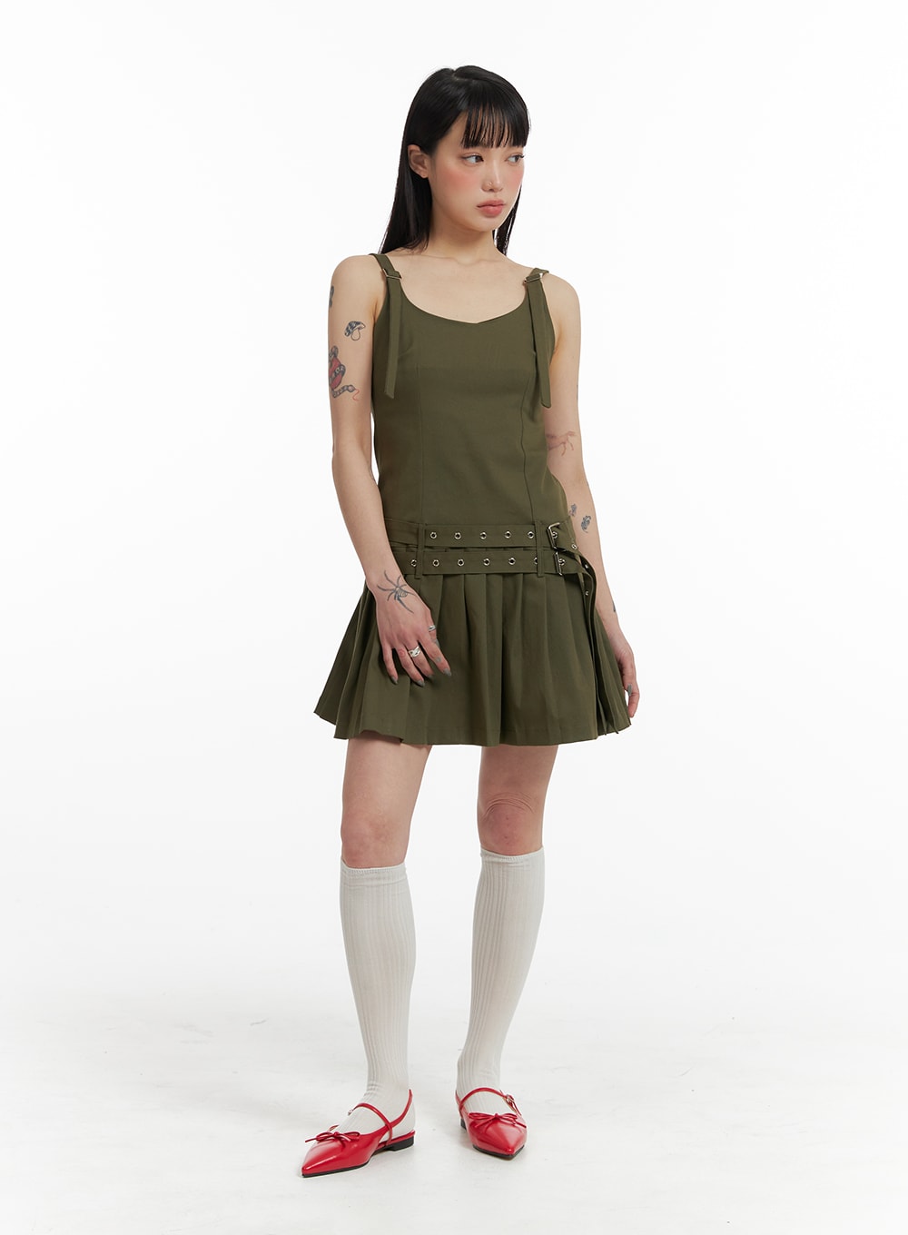 low-hem-buckle-pleated-strap-mini-dress-if423