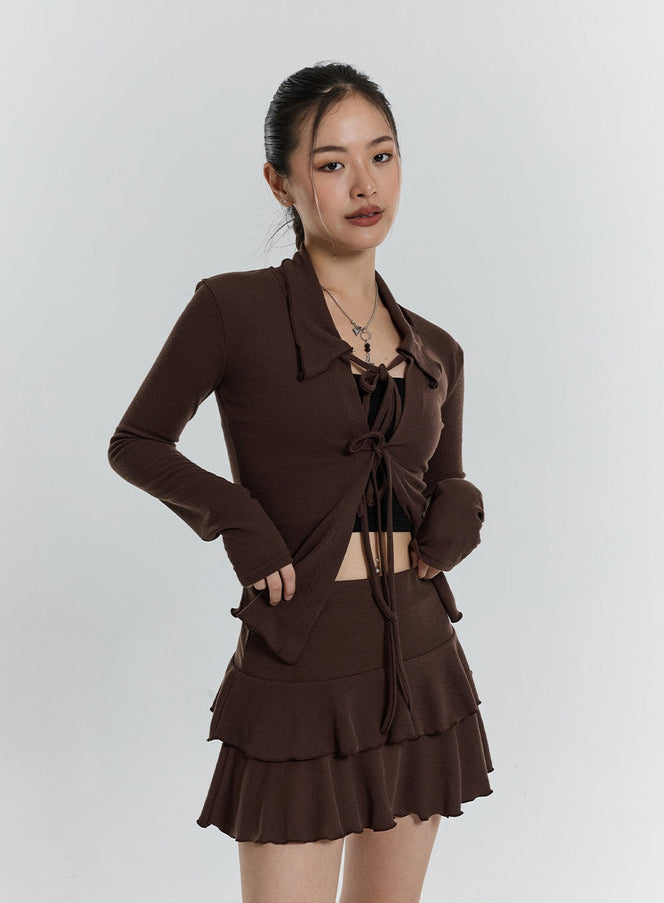 Front Tie Cardigan And Wavy Mini Skirt Set CN24