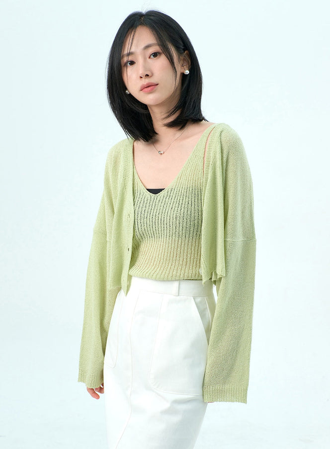 Mesh Top And Cardigan Set OY317