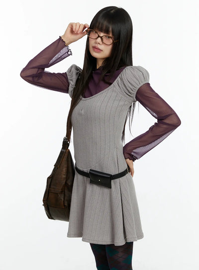 pointelle-puff-sleeve-flare-mini-dress-cf509 / Beige